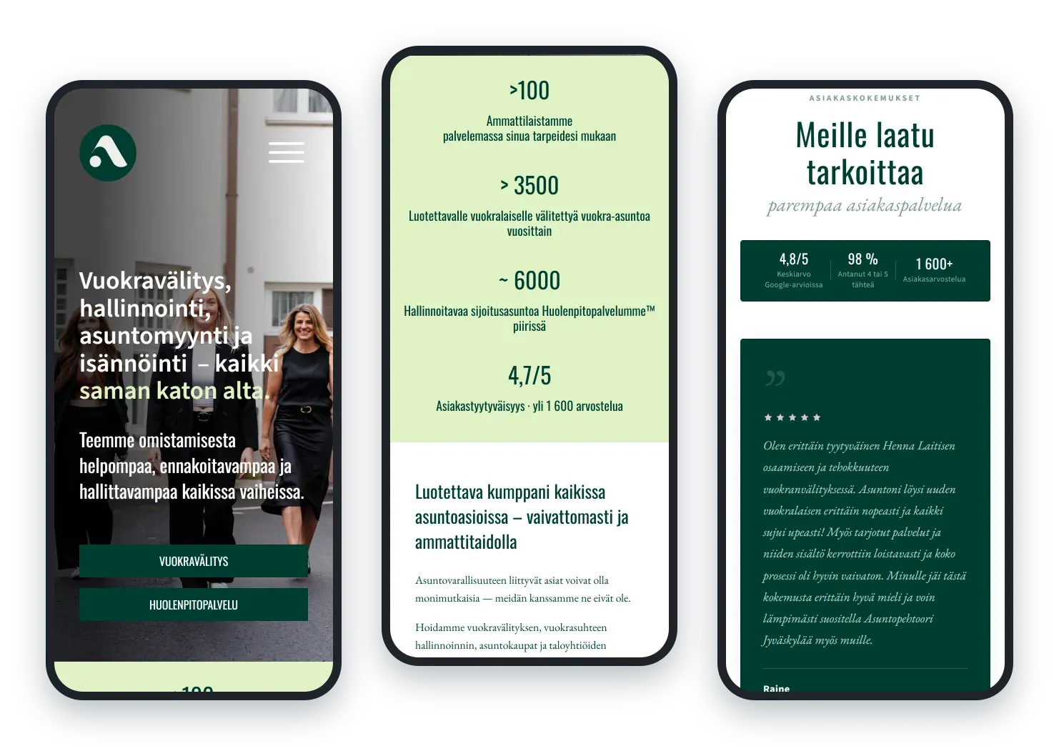 Asuntopehtoori.fi puhelimella: etusivu, tunnusluvut ja asiakasarviot