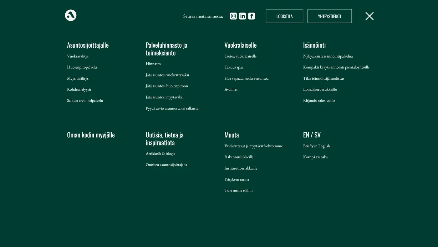 Asuntopehtoori.fi: valikko kohderyhmittäin (asuntosijoittajalle, vuokralaiselle, isännöinti, oman kodin myyjälle)