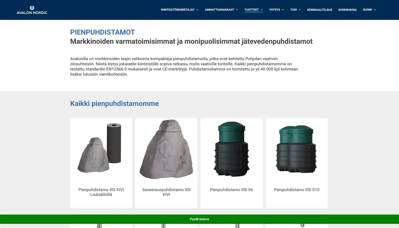Avalonnordic.fi: Pienpuhdistamot-sivu