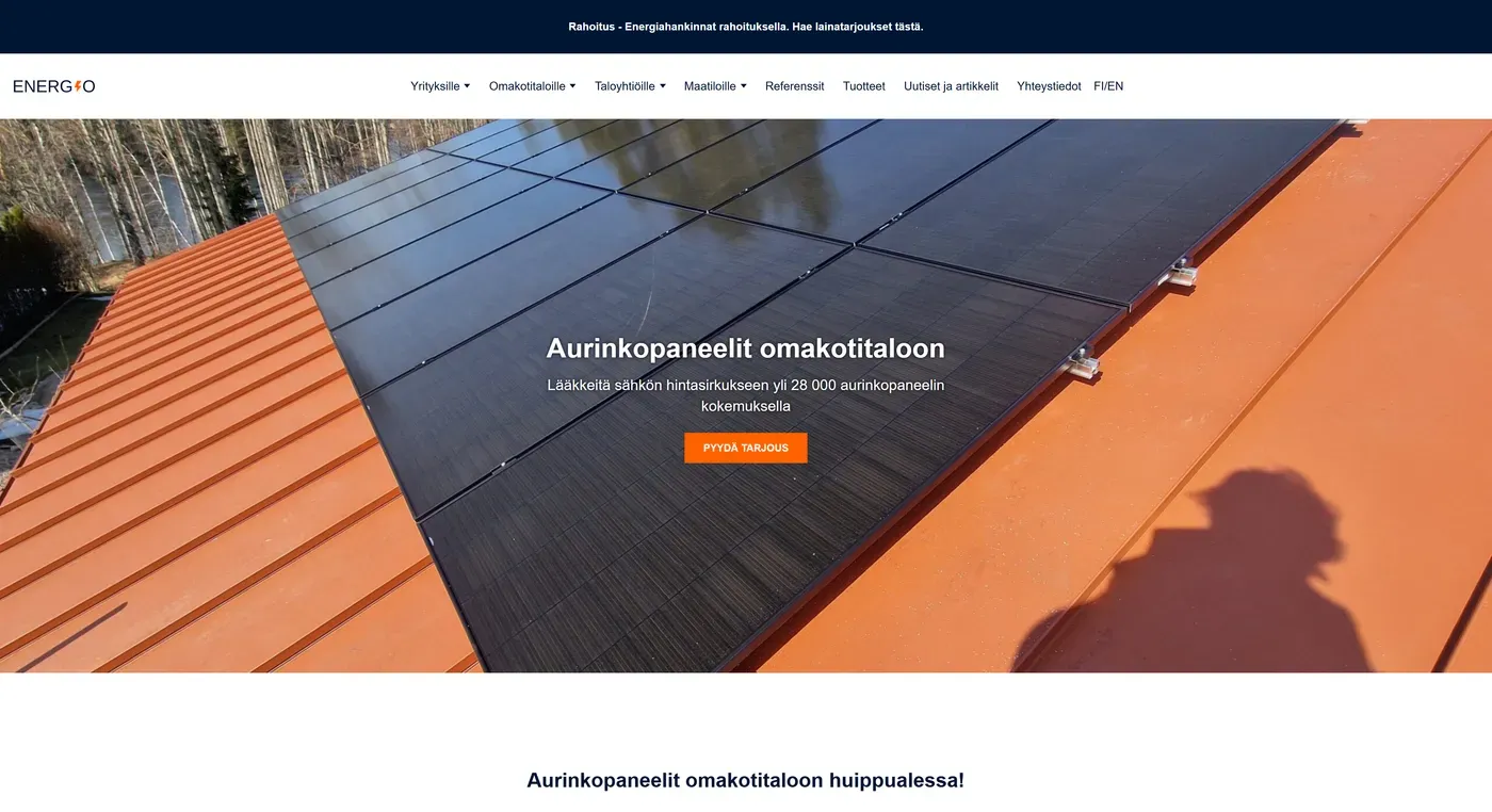 Energio.fi: Aurinkopaneelit omakotitaloon -sivu