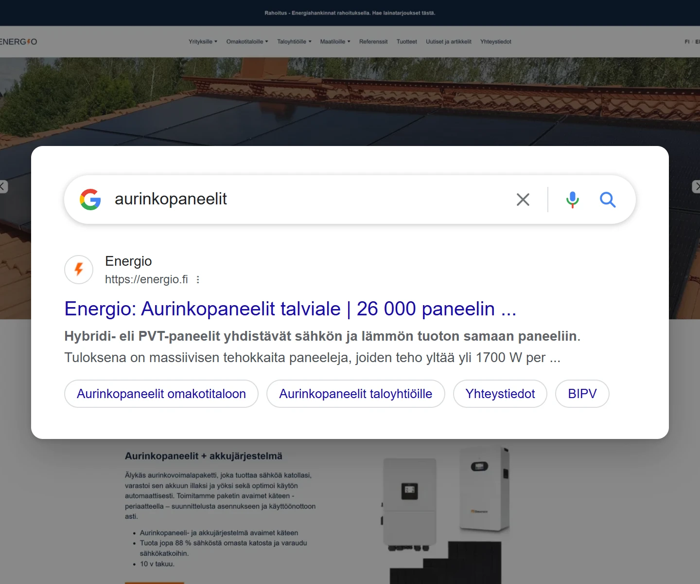 Googlen hakutulos haulla ”aurinkopaneelit”: energio.fi