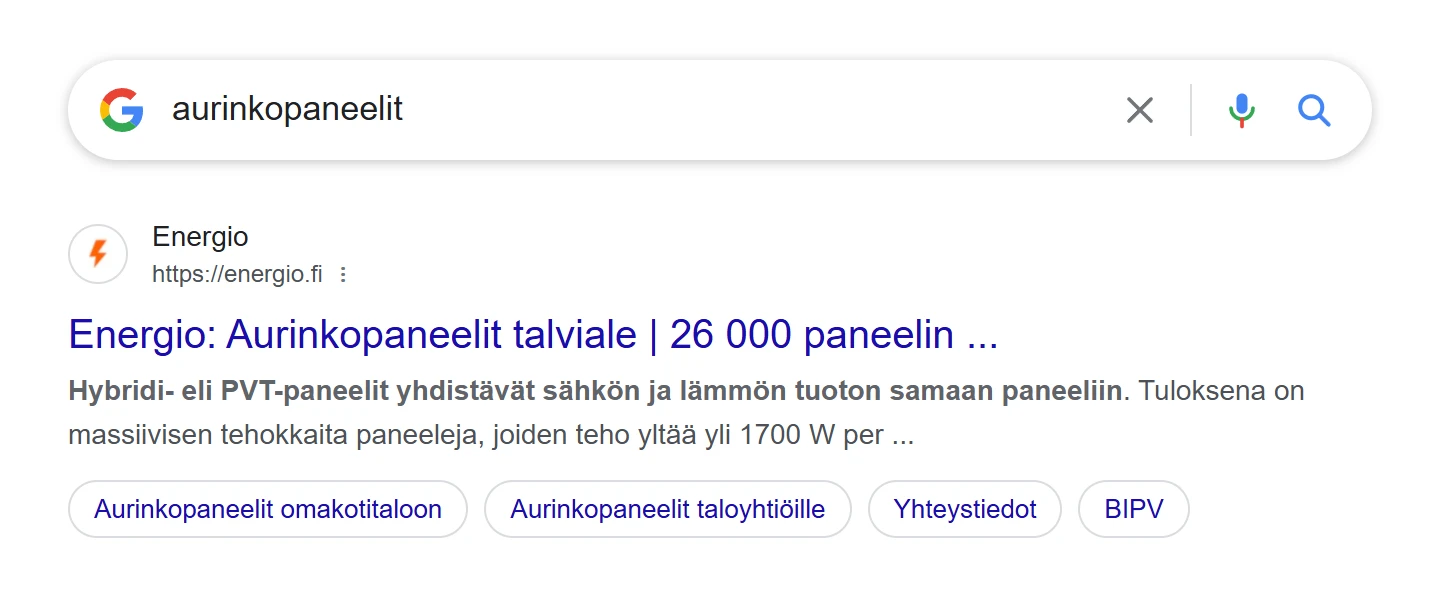 Google search result for “aurinkopaneelit”: energio.fi