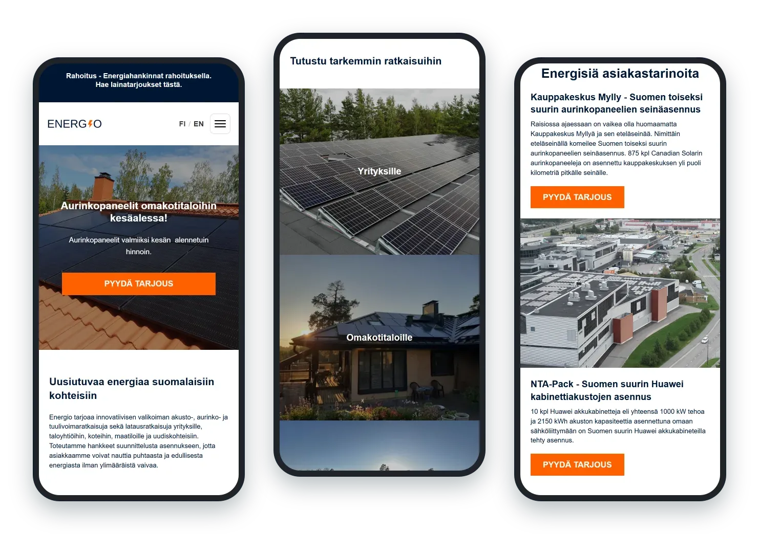 Energio.fi puhelimella: etusivu, ratkaisut asiakasryhmittäin ja asiakastarinat