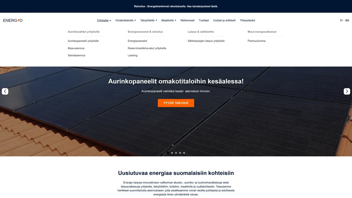 Energio.fi: valikko asiakasryhmittäin, auki Yrityksille: aurinkosähkö, energiavarastot, lataus ja muut energiaratkaisut