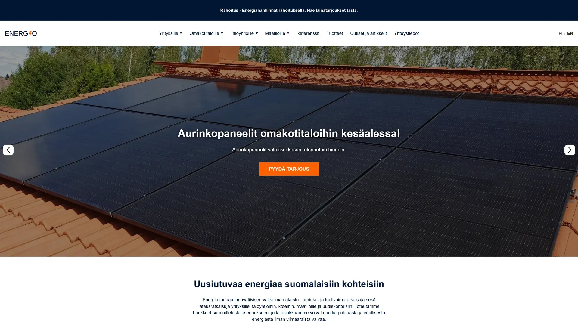 Energio.fi: aurinkopaneelit, energiavarastot ja latausratkaisut, WordPress-sivuston etusivu