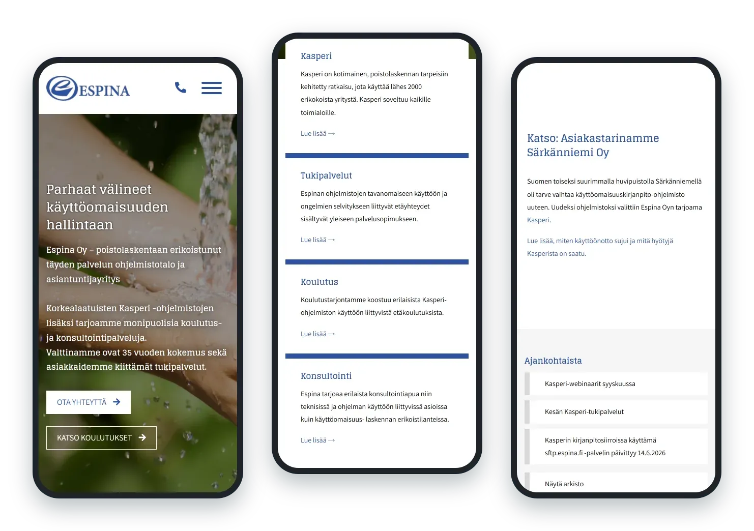Espina.fi puhelimella: etusivu, palvelut ja asiakastarina