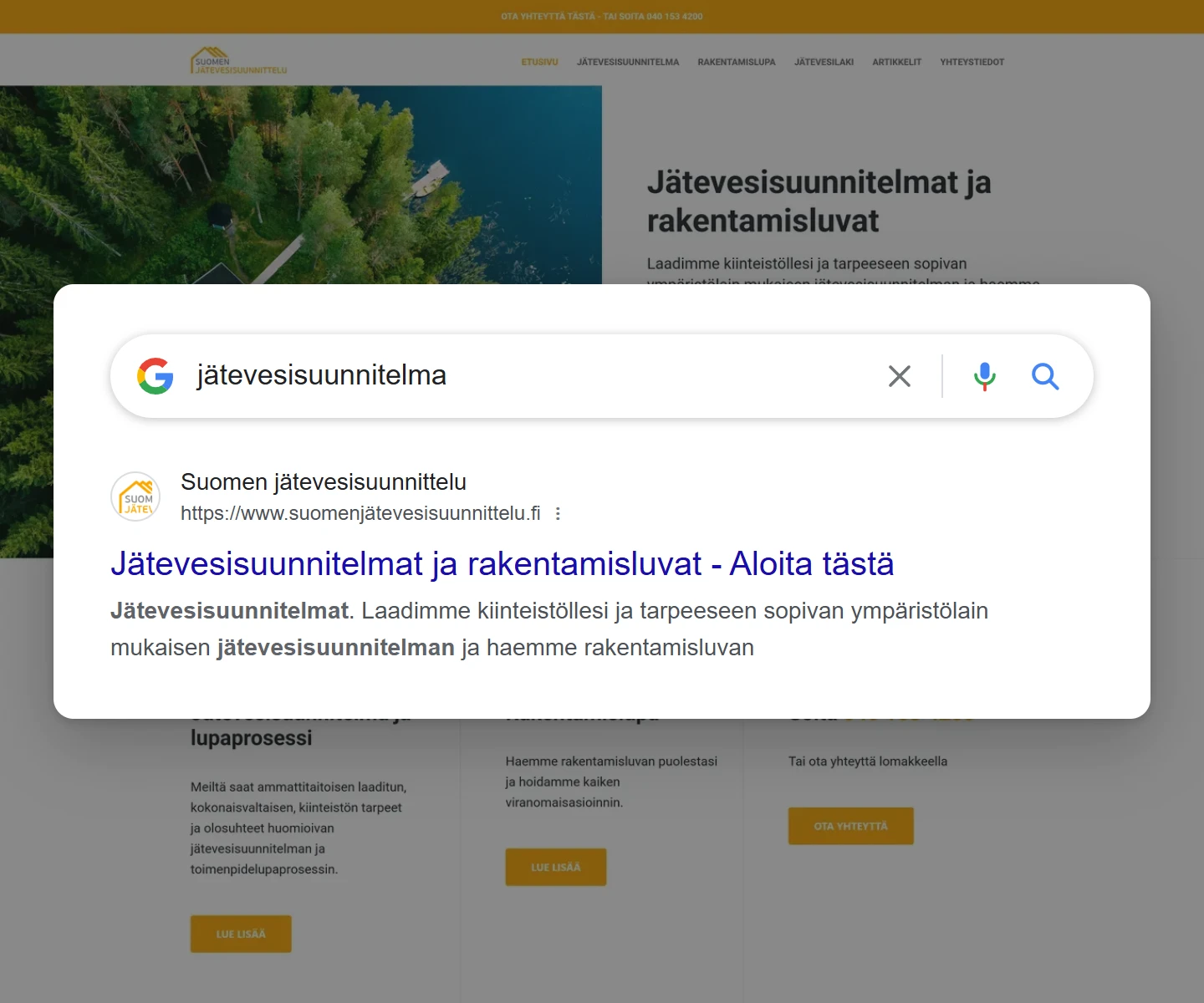 Google search result for “jätevesisuunnitelma”: suomenjätevesisuunnittelu.fi
