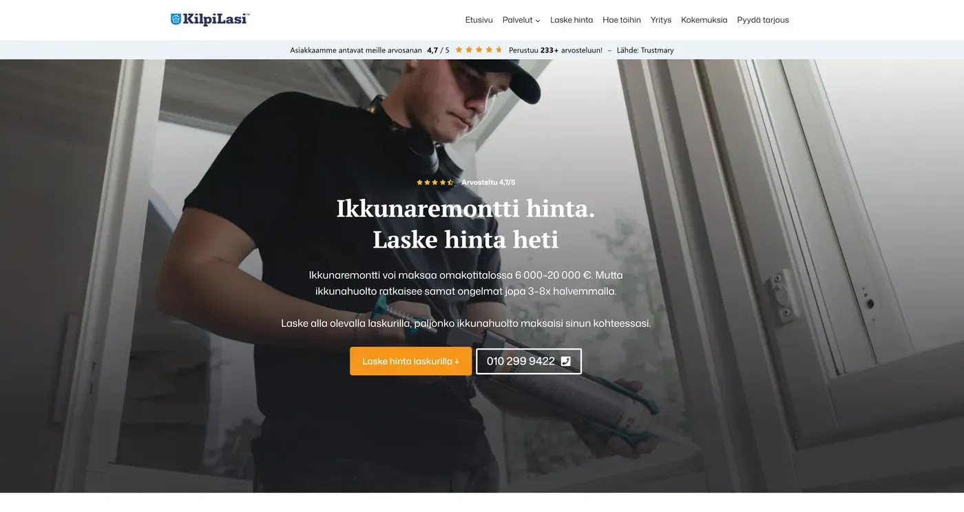 KilpiLasi.fi: Ikkunaremontti hinta -sivu, laske hinta heti laskurilla