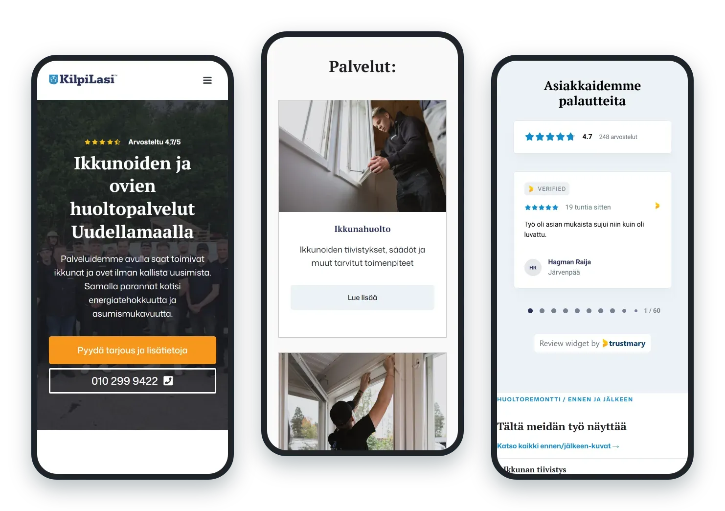 KilpiLasi.fi puhelimella: etusivu, palvelut ja asiakkaiden palautteet