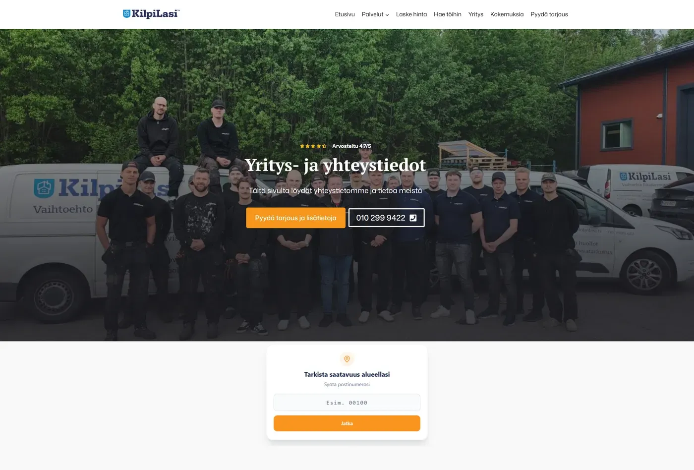 KilpiLasi.fi: Yritys- ja yhteystiedot, KilpiLasin tiimi pakettiautojen edessä
