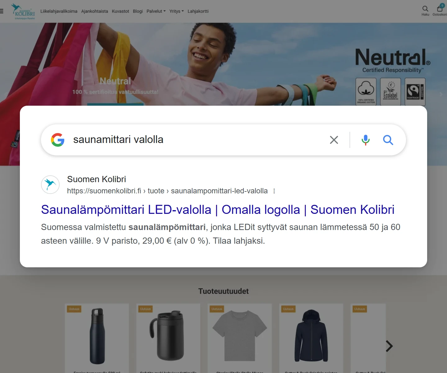 Googlen hakutulos haulla ”saunamittari valolla”: suomenkolibri.fi