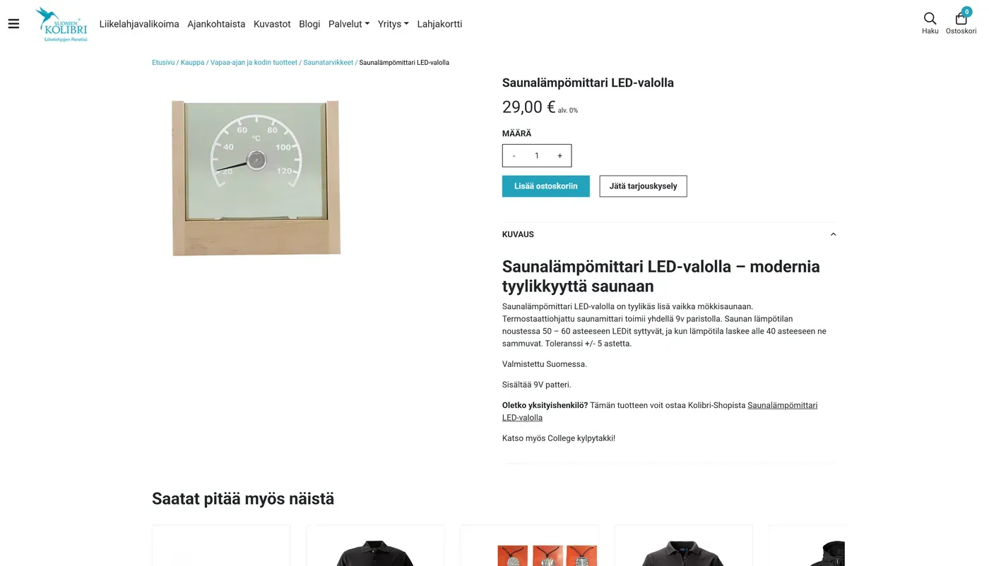 Suomenkolibri.fi: Saunalämpömittari LED-valolla -tuotesivu verkkokaupassa