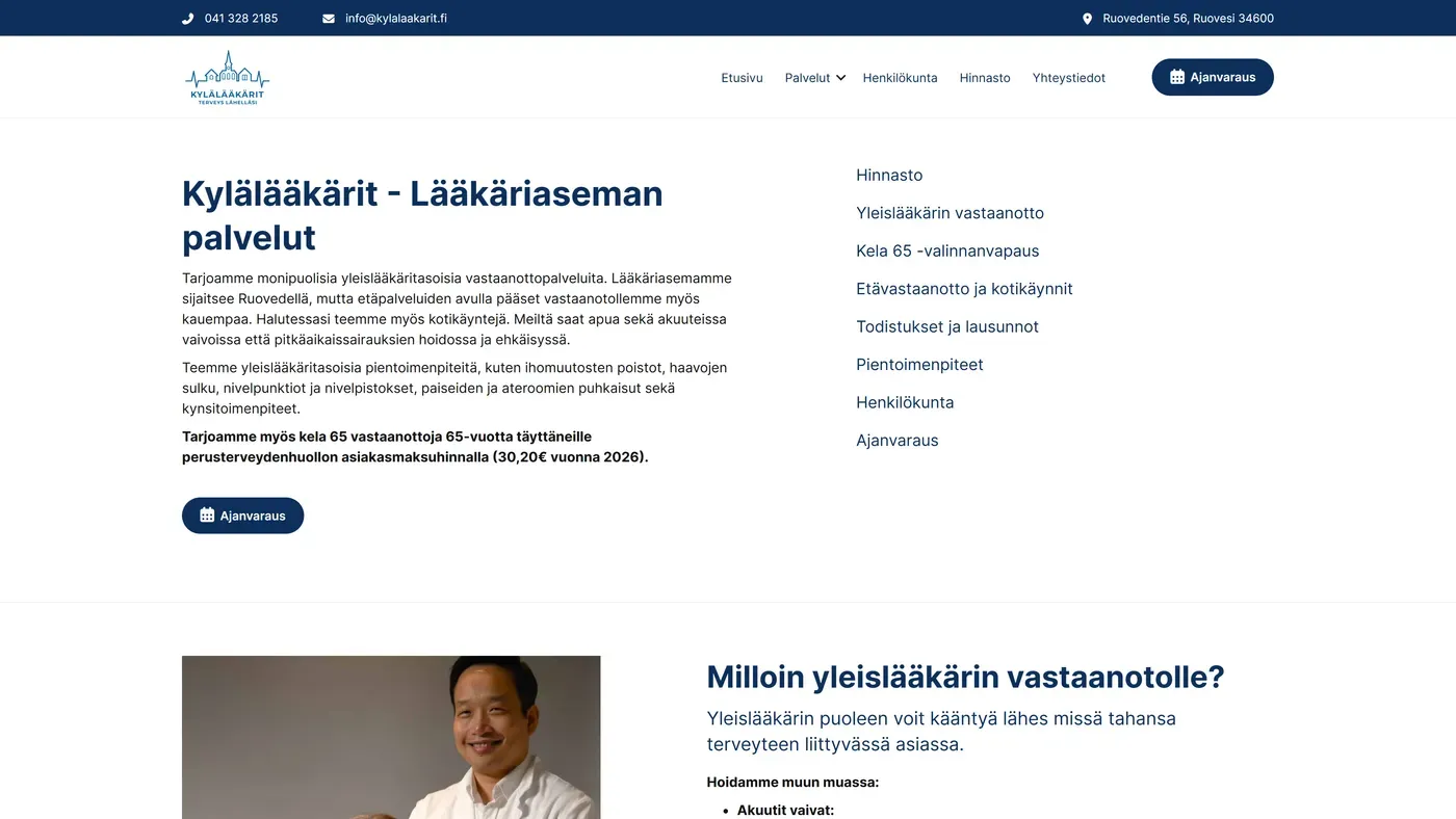 Kylalaakarit.fi: Lääkäriaseman palvelut, Kela 65 -valinnanvapaus ja muut palvelut