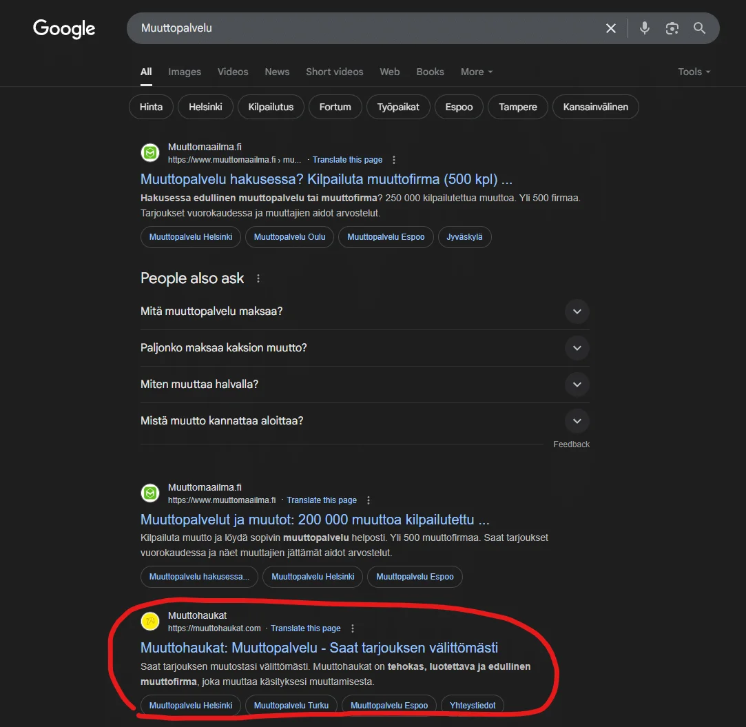Google-haku ”muuttopalvelu” 17.6.2025: Muuttohaukat kolmantena