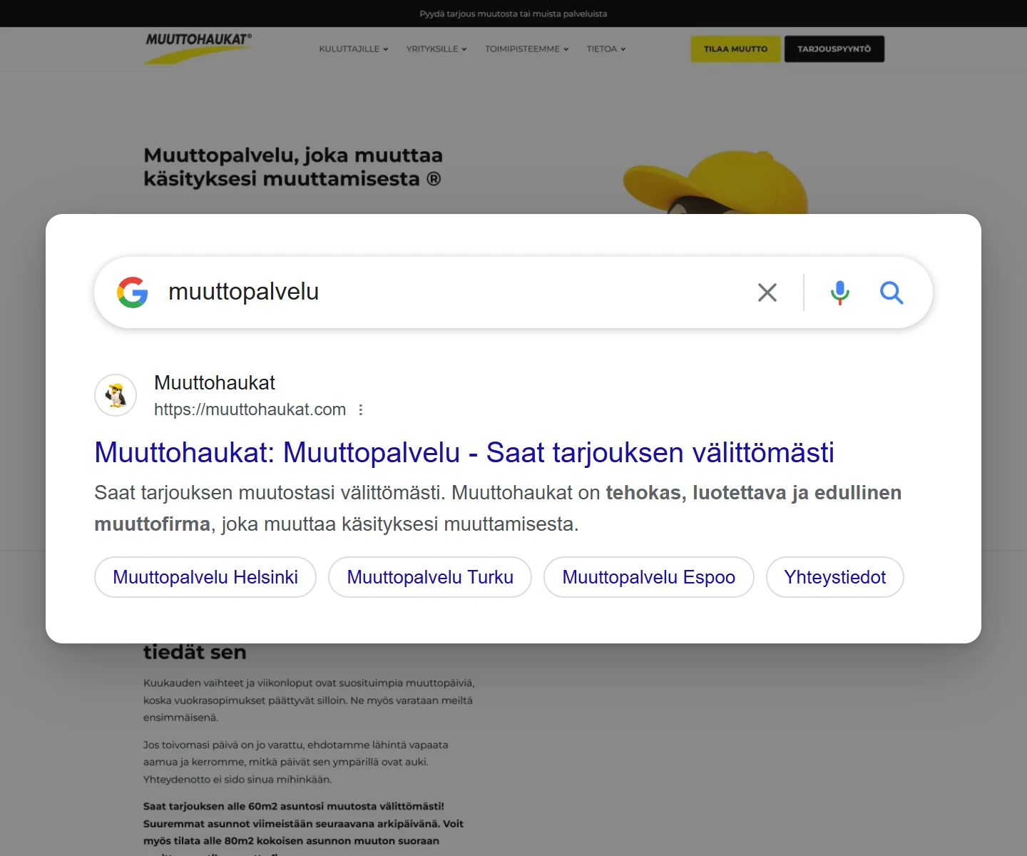 Googlen hakutulos haulla ”muuttopalvelu”: muuttohaukat.com