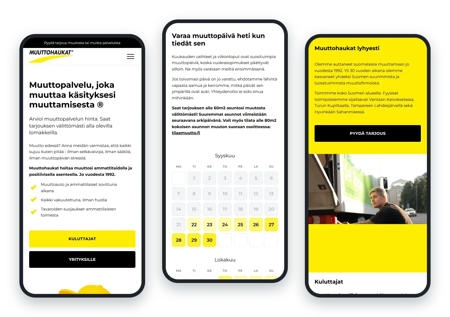 Muuttohaukat.com puhelimella: etusivu, muuttopäiväkalenteri ja yritysesittely