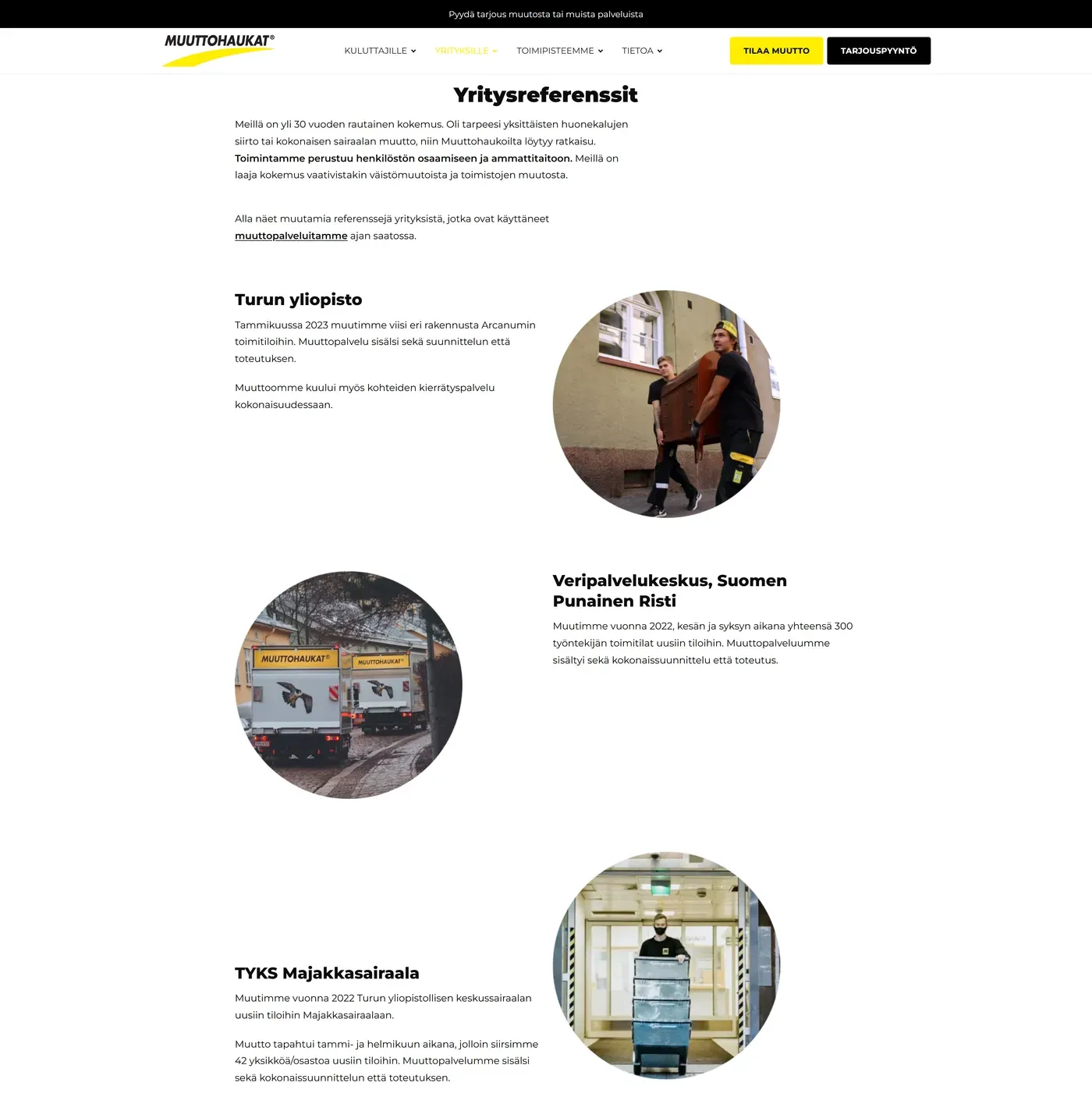 Muuttohaukat.com: Yritysreferenssit-sivu, muun muassa Turun yliopisto ja Veripalvelu