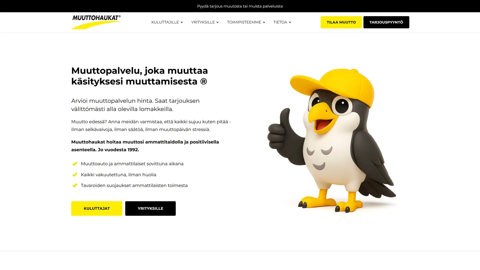 Muuttohaukat.com: muuttopalvelu kotiin ja yrityksiin, WordPress-sivuston etusivu