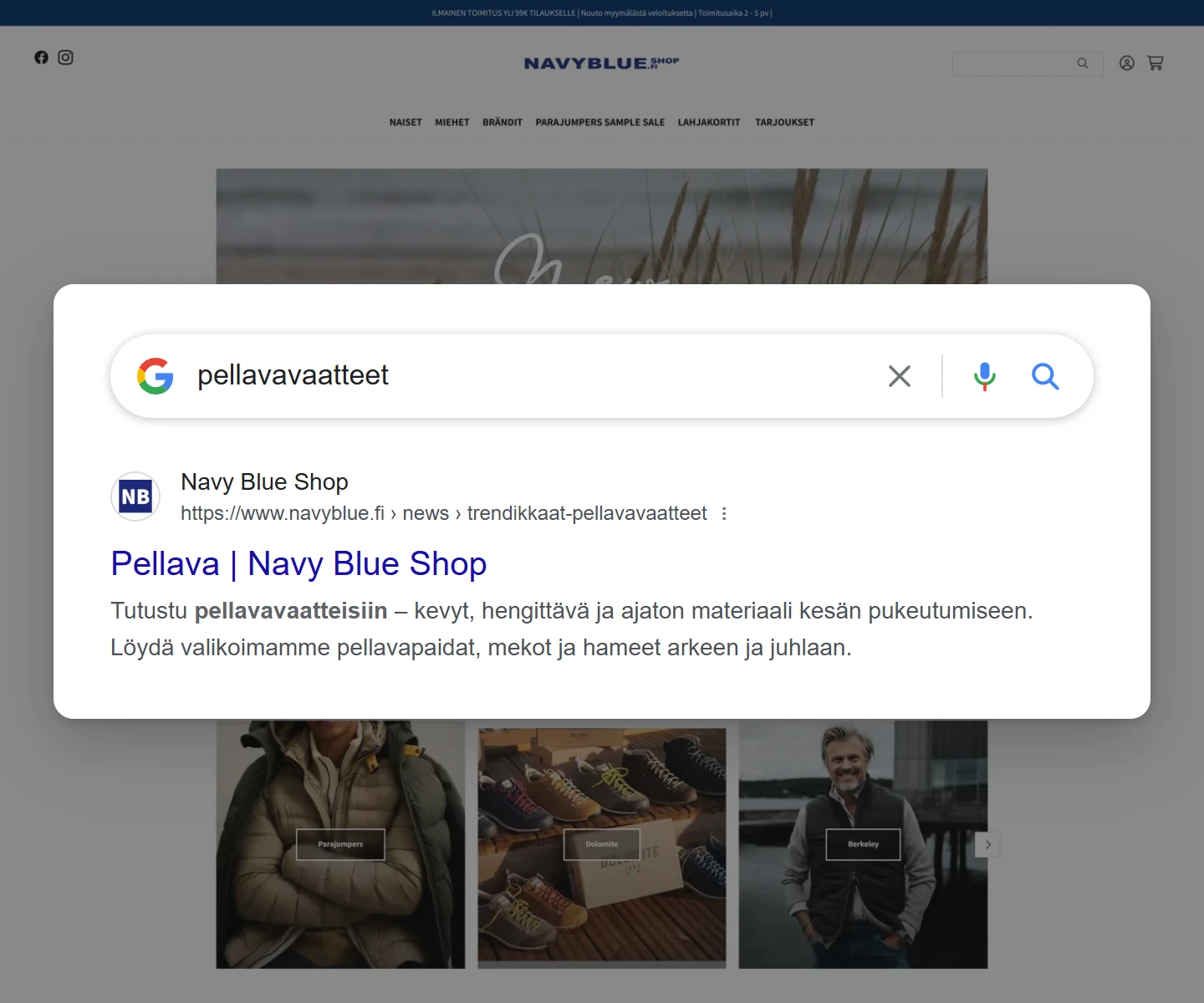 Google search result for “pellavavaatteet”: navyblue.fi
