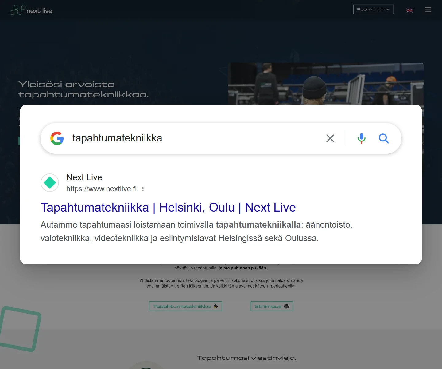 Googlen hakutulos haulla ”tapahtumatekniikka”: nextlive.fi