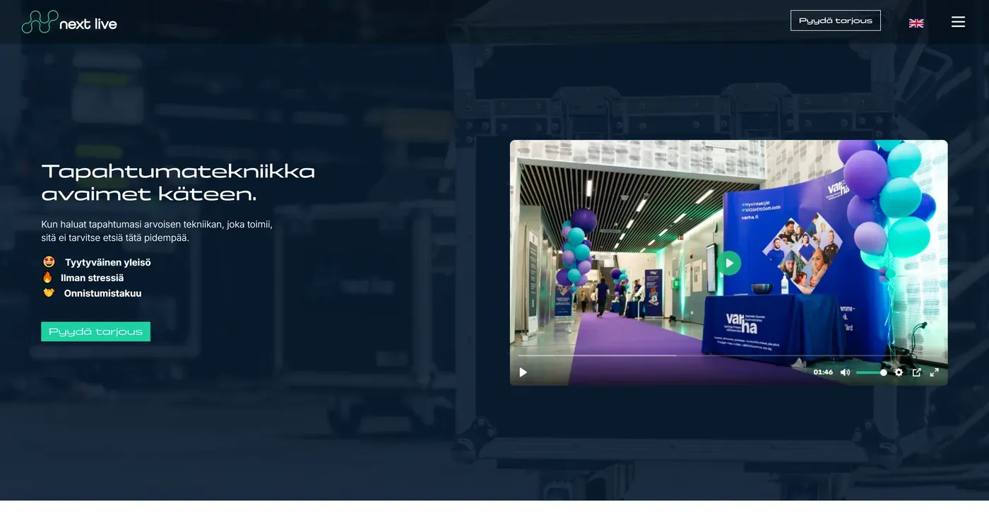 Nextlive.fi: Tapahtumatekniikka avaimet käteen -palvelusivu