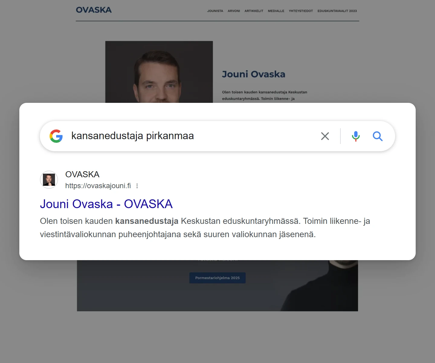 Google search result for “kansanedustaja pirkanmaa”: ovaskajouni.fi