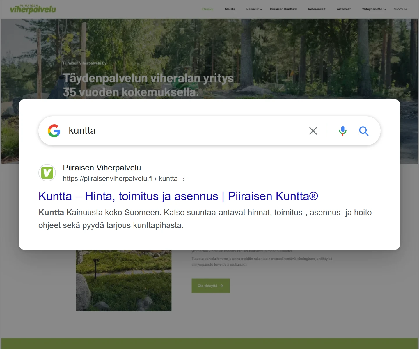 Google search result for “kuntta”: piiraisenviherpalvelu.fi