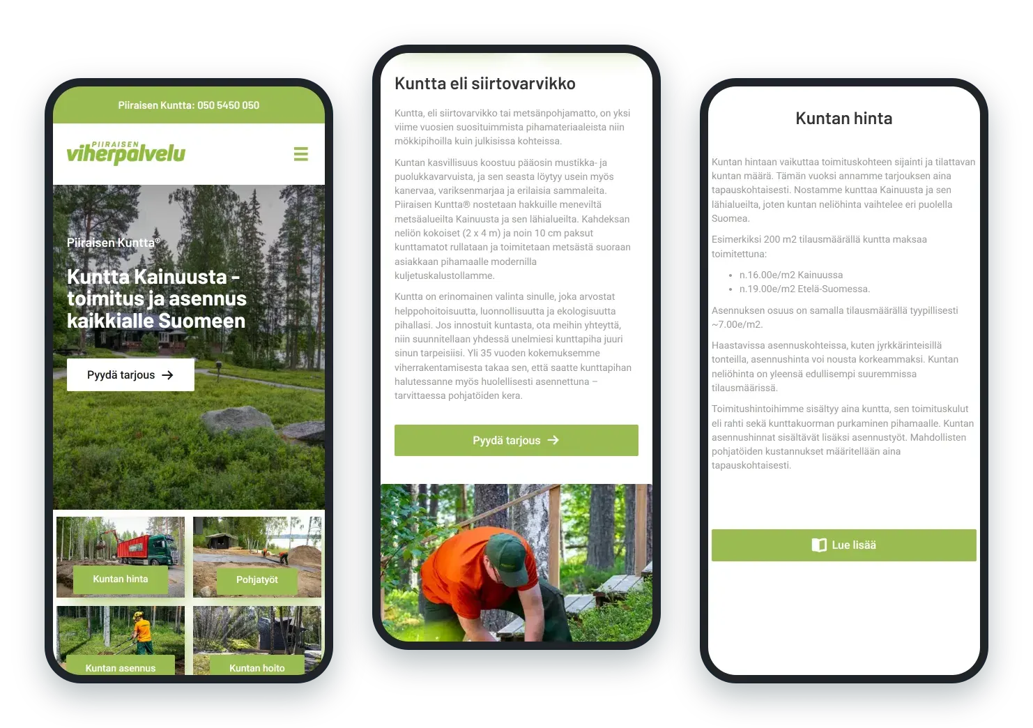 Piiraisenviherpalvelu.fi puhelimella: kunttasivu, kuntta eli siirtovarvikko ja kuntan hinta