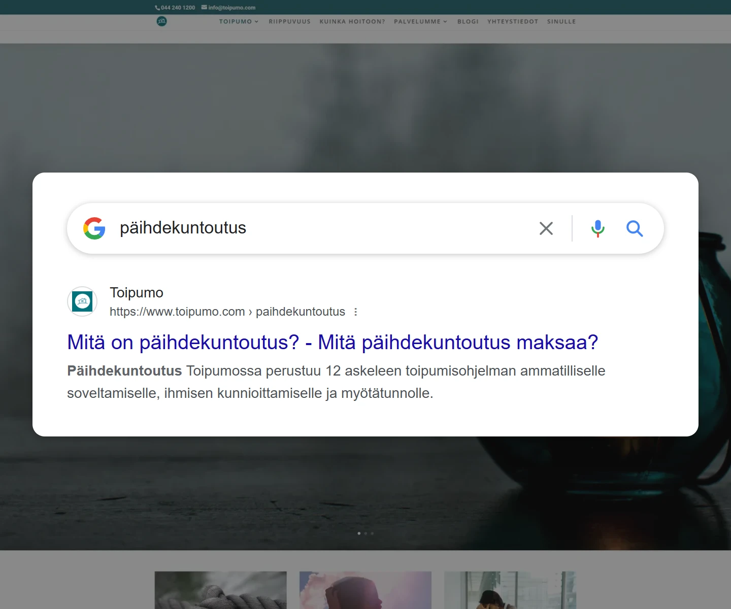 Googlen hakutulos haulla ”päihdekuntoutus”: toipumo.com