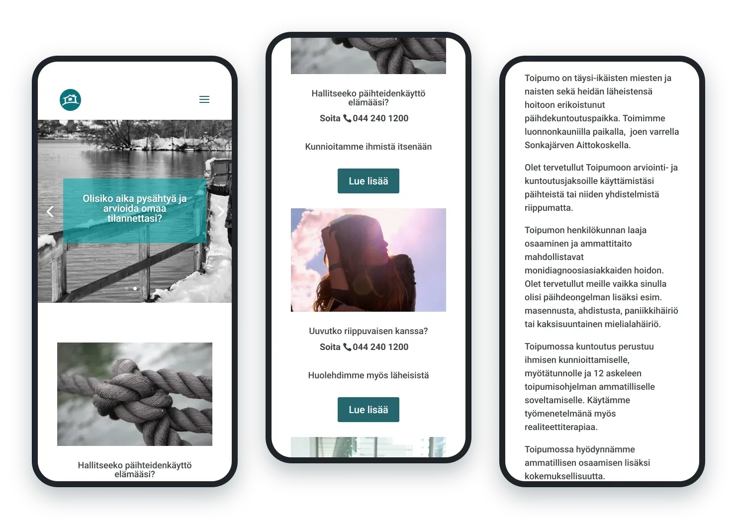 Toipumo.com puhelimella: etusivu ja päihdekuntoutus