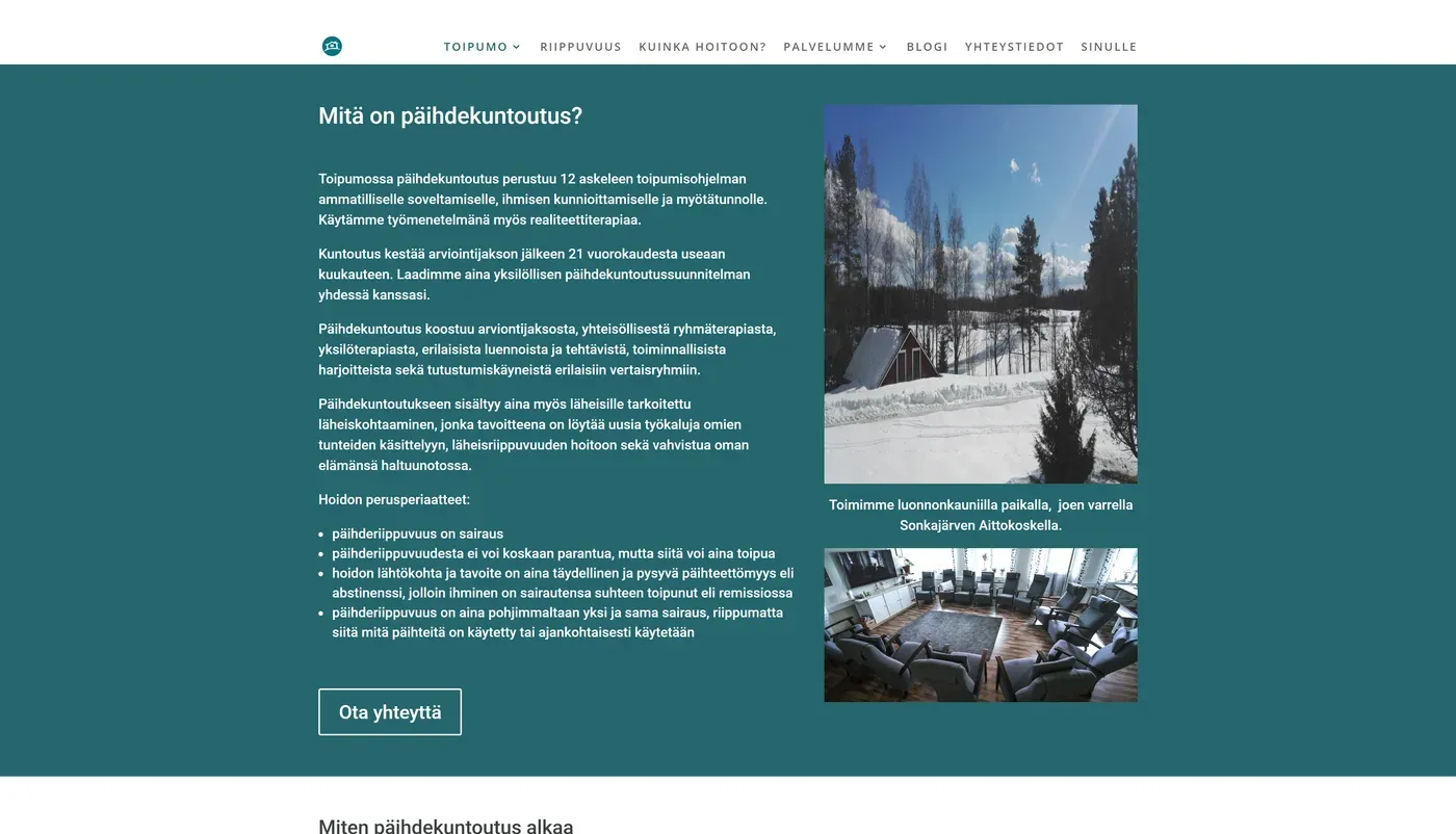 Toipumo.com: Mitä on päihdekuntoutus? -sivu, jolle optimointi tehtiin
