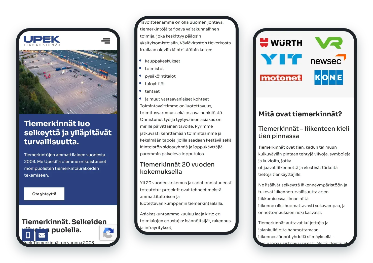 Upek.fi puhelimella: etusivu, tiemerkinnät ja palvelut
