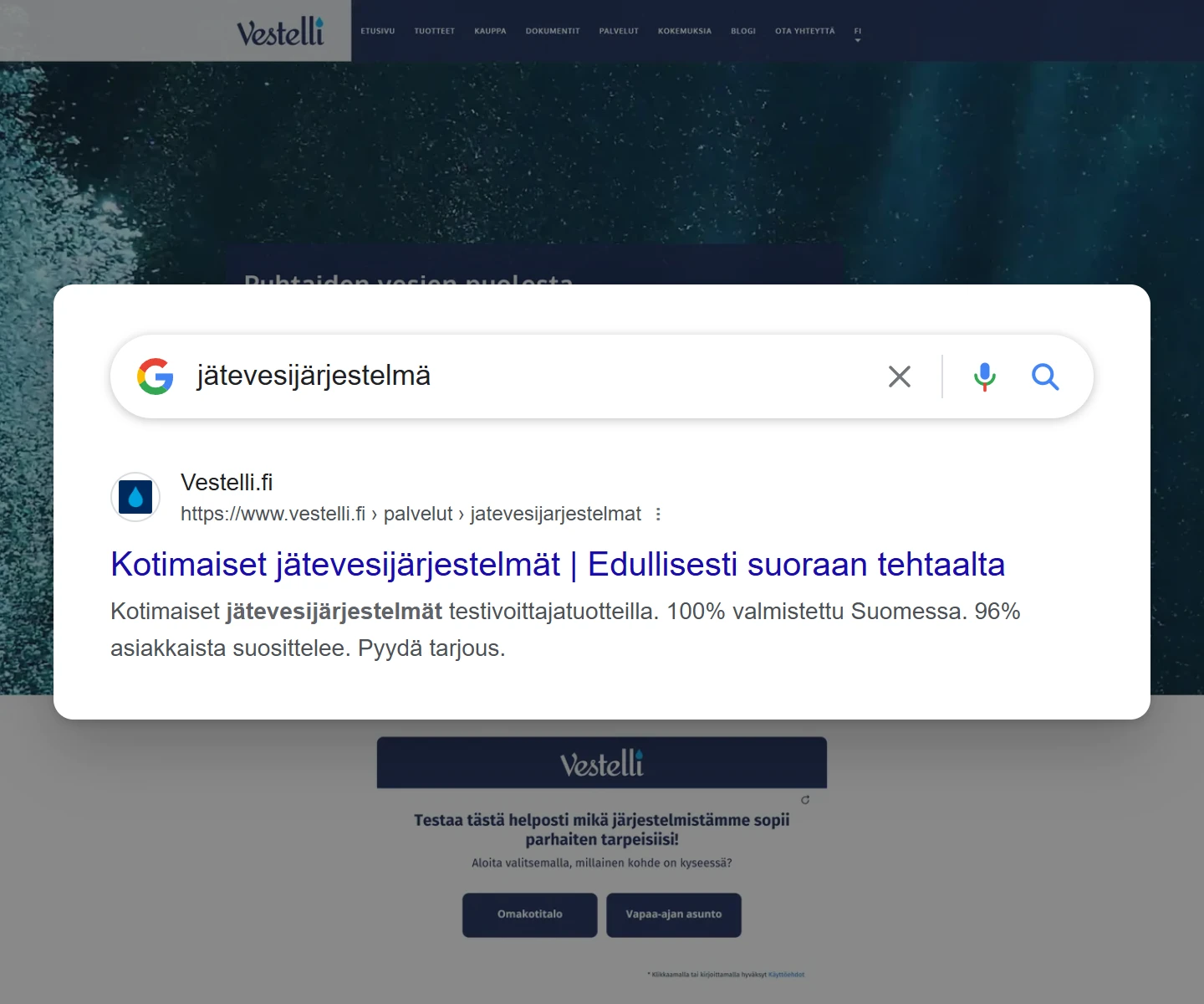 Googlen hakutulos haulla ”jätevesijärjestelmä”: vestelli.fi