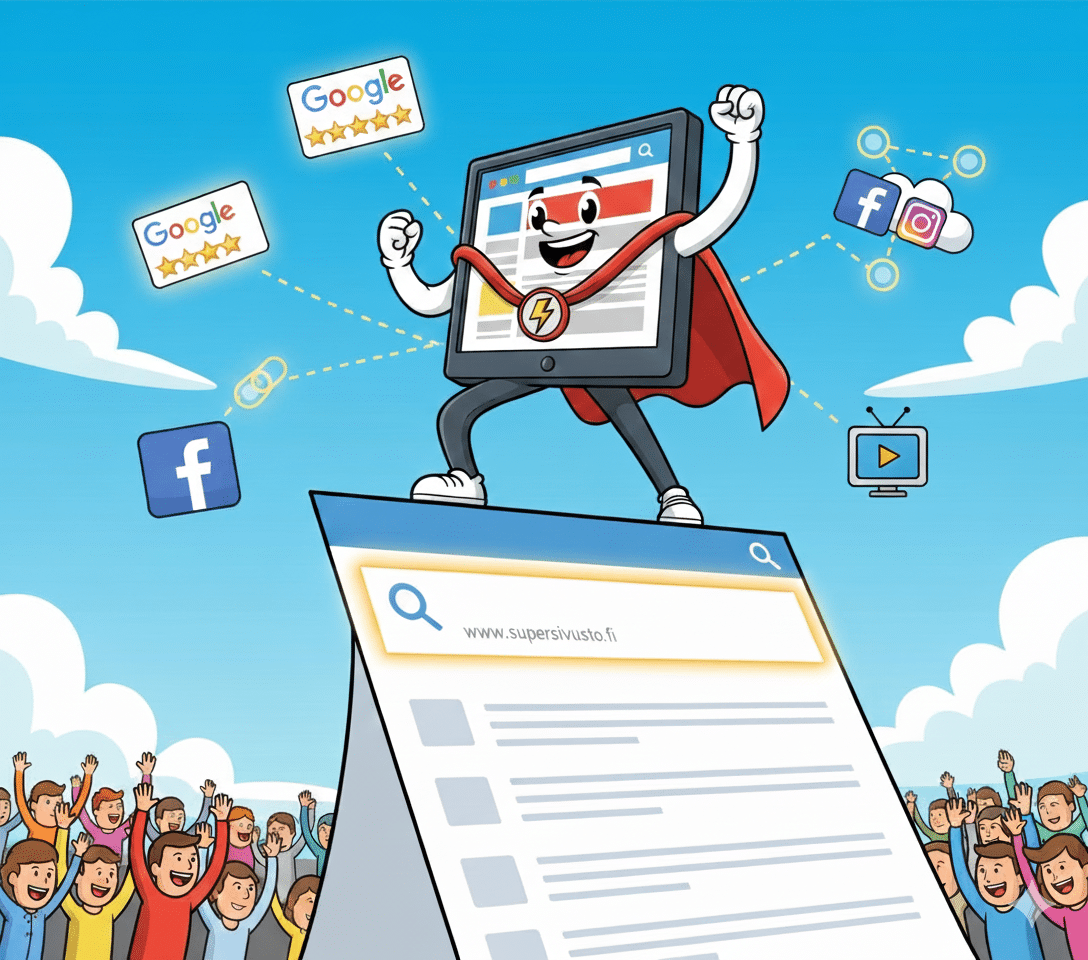 Cartoon: a caped web page standing triumphant on top of the search results for “www.supersivusto.fi” (super website), linked to Google reviews, Facebook, Instagram and a video, as a crowd cheers below