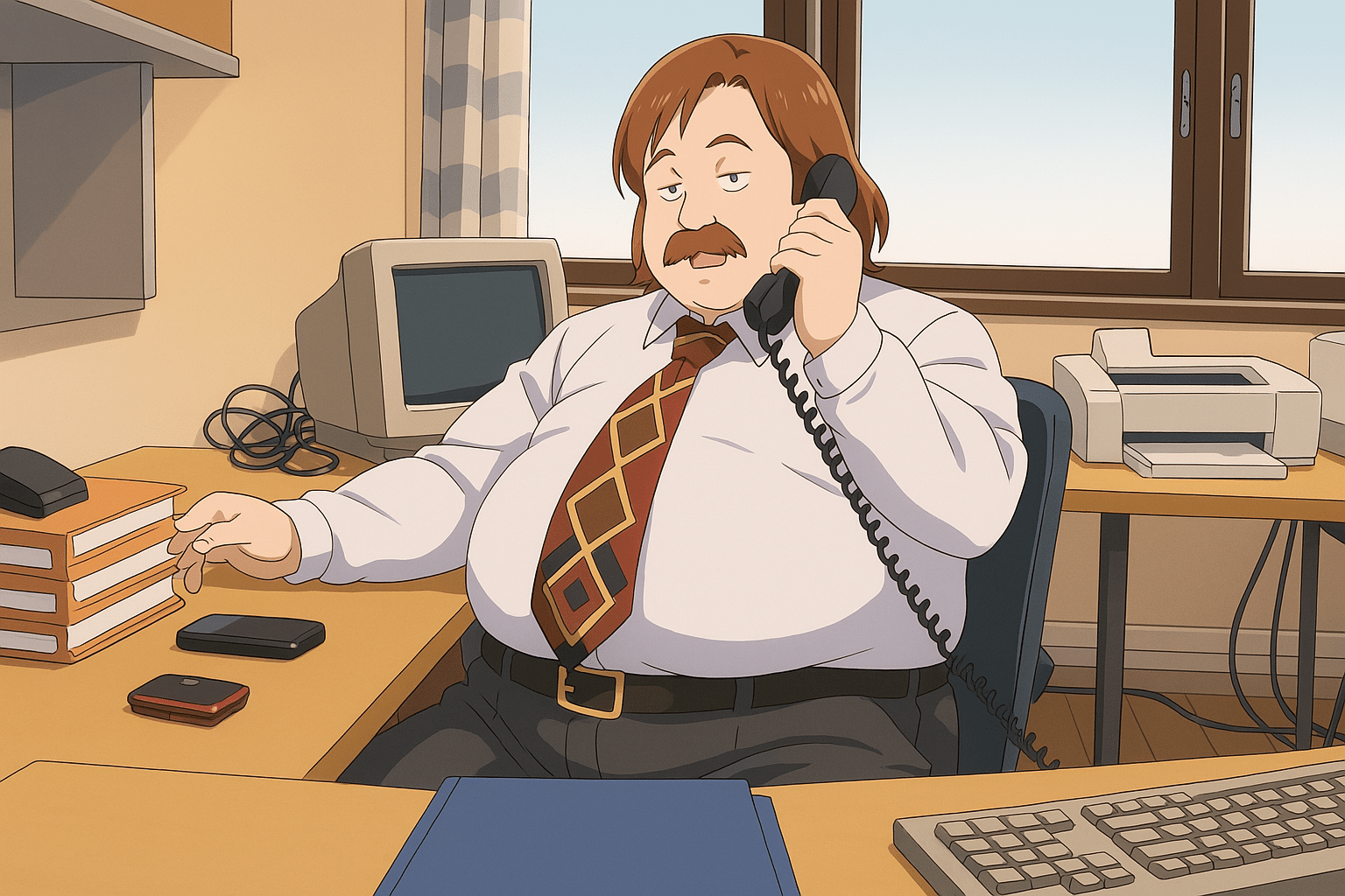 Animeksi muutettu viiksekäs mies puhuu lankapuhelimeen toimistossa, jossa on vanha kuvaputkinäyttö ja tulostin