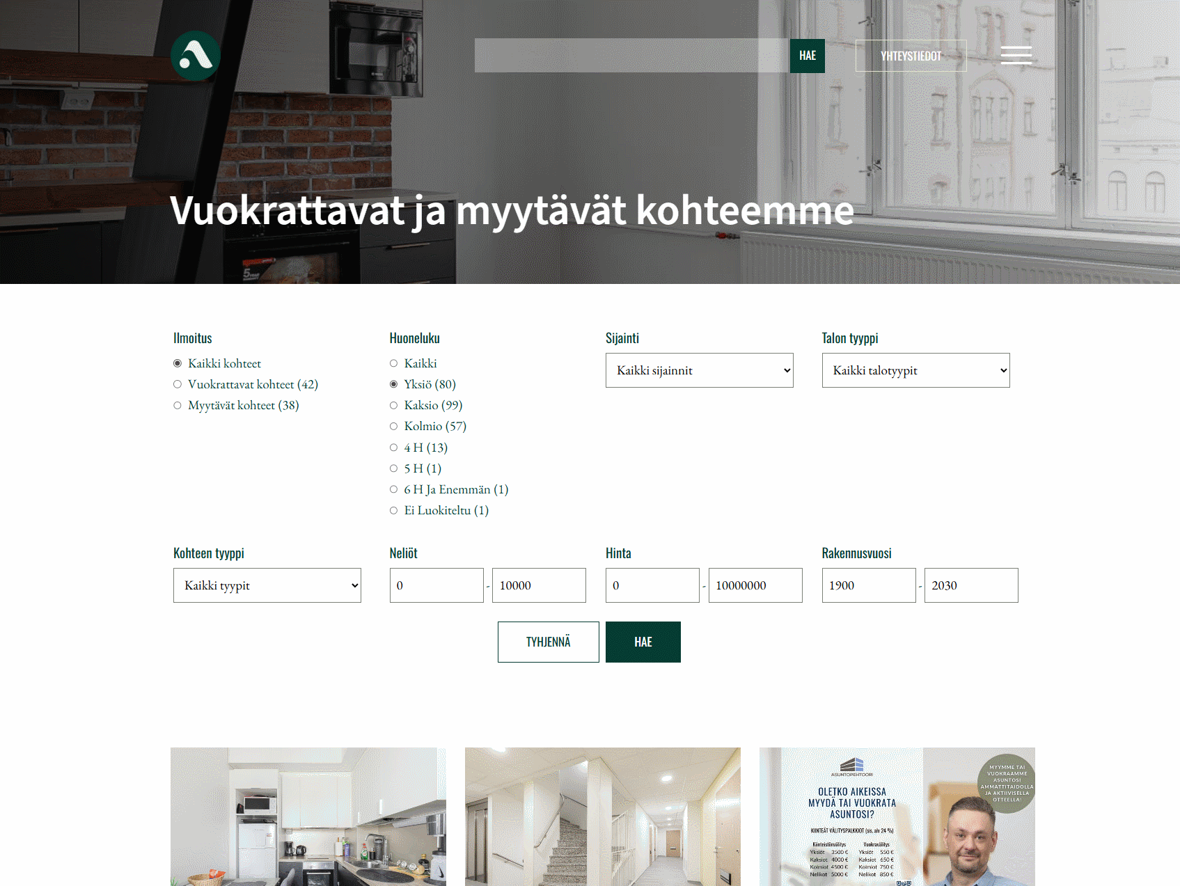 Asuntopehtoori's WordPress website: the property search with its filters, the listings and a single rental flat's page