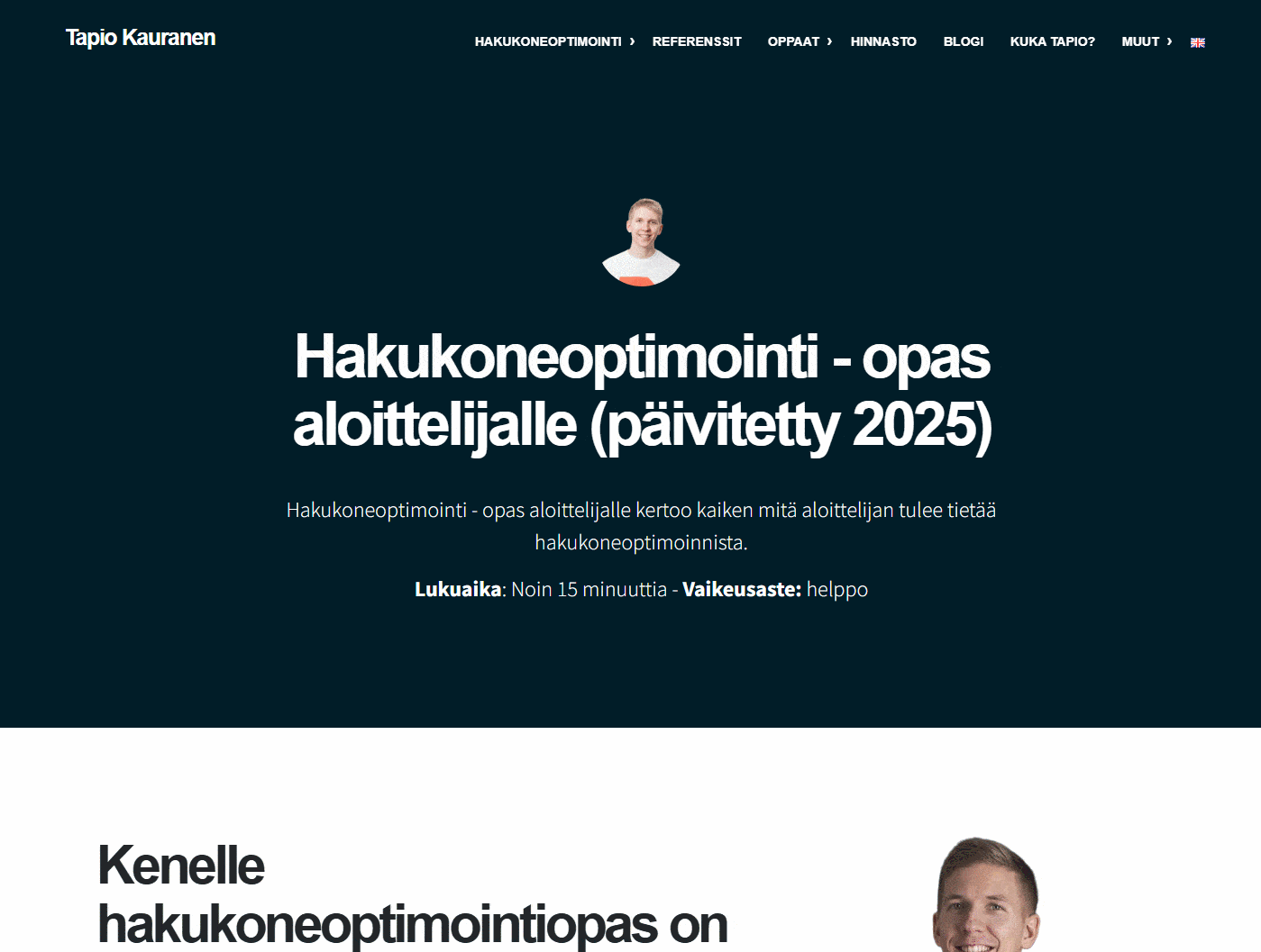 Editing a page directly in Beaver Builder: the guide's heading “Hakukoneoptimointi” (search engine optimization) is replaced with “Tähän voi kirjoittaa” (you can write here)