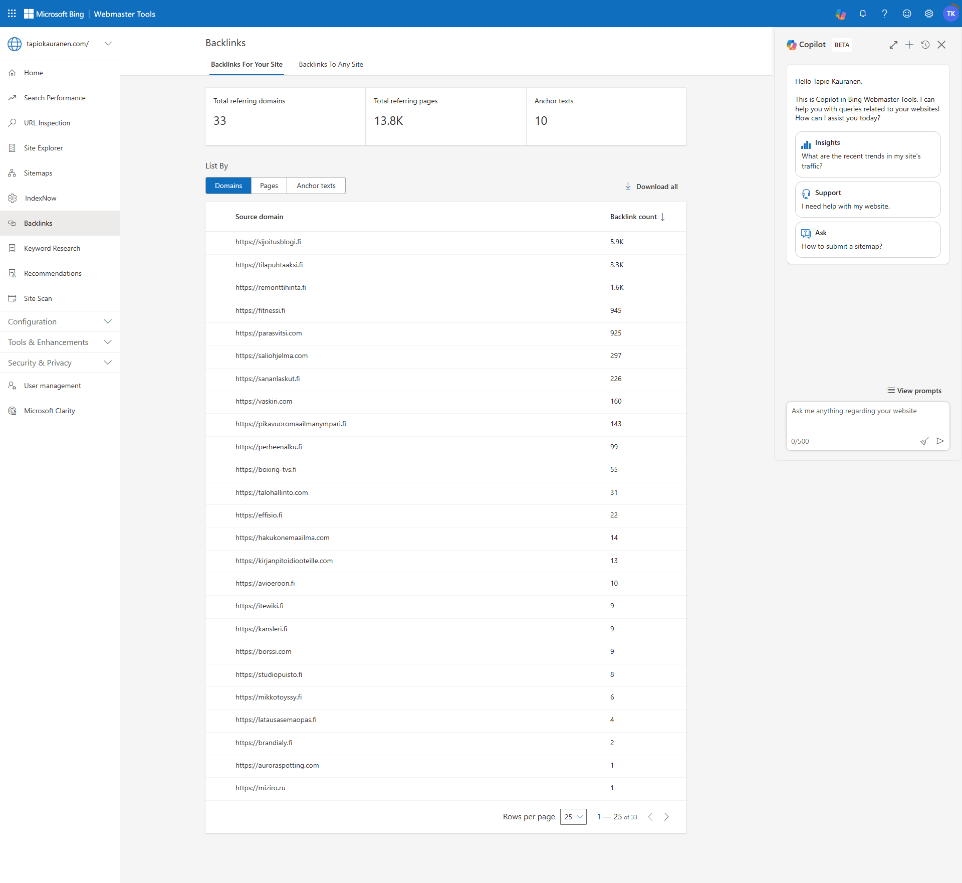 Bing Webmaster Toolsin Backlinks-näkymä: tapiokauranen.comiin linkittävät 33 verkkotunnusta linkkimäärineen