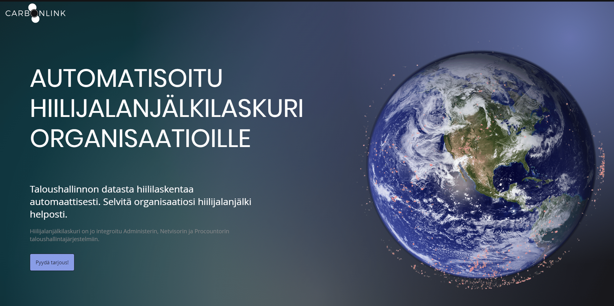 Carbonlinkin sivuston yläosa: otsikko ”Automatisoitu hiilijalanjälkilaskuri organisaatioille” ja maapallo