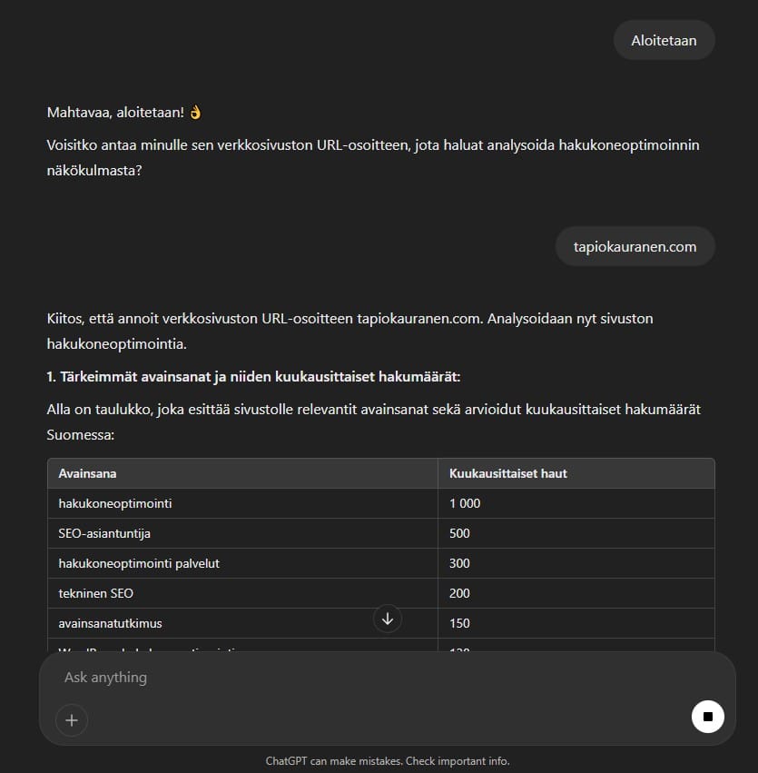 The SEO potential bot in ChatGPT asks for a website’s address and lists the keywords of tapiokauranen.com with their monthly search volumes