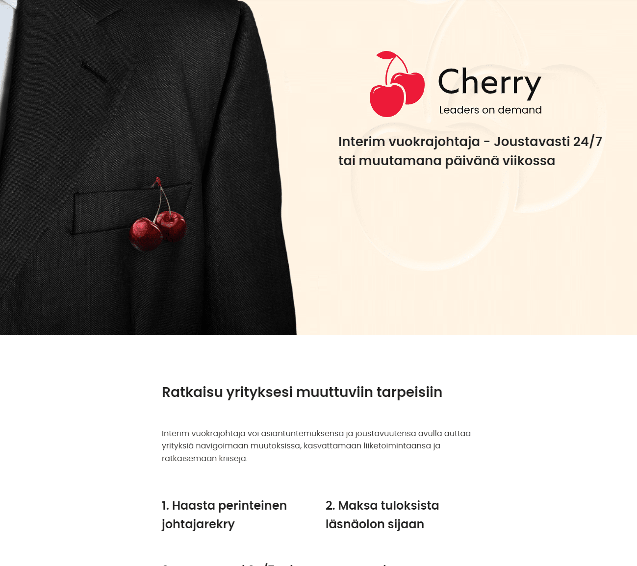 Cherryn sivu ”Interim vuokrajohtaja – Joustavasti 24/7 tai muutamana päivänä viikossa”, pukutakin taskussa kirsikat