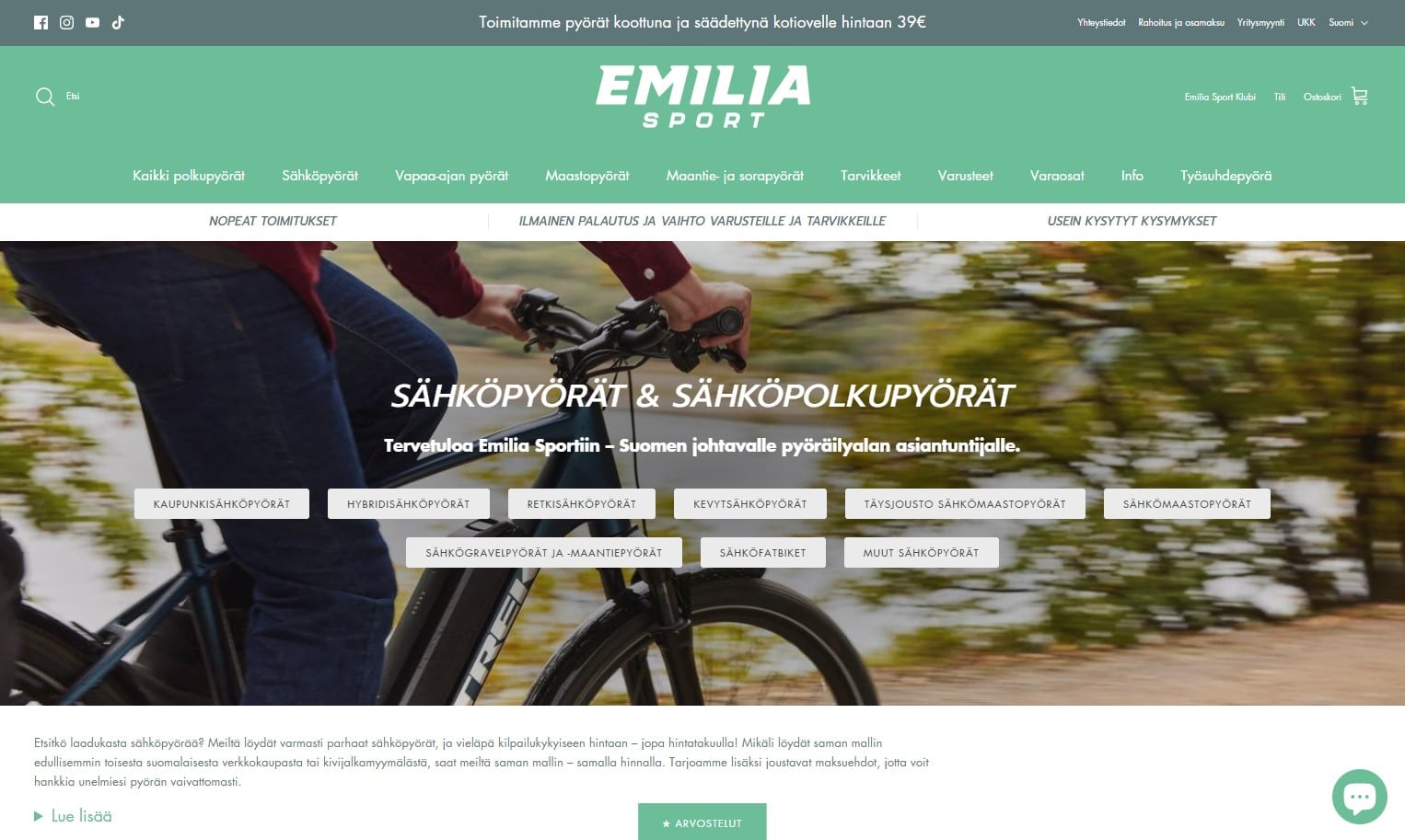 Emilia Sportin sähköpyöräkategorian sivu: otsikkona ”Sähköpyörät & sähköpolkupyörät” ja painikkeet alakategorioihin