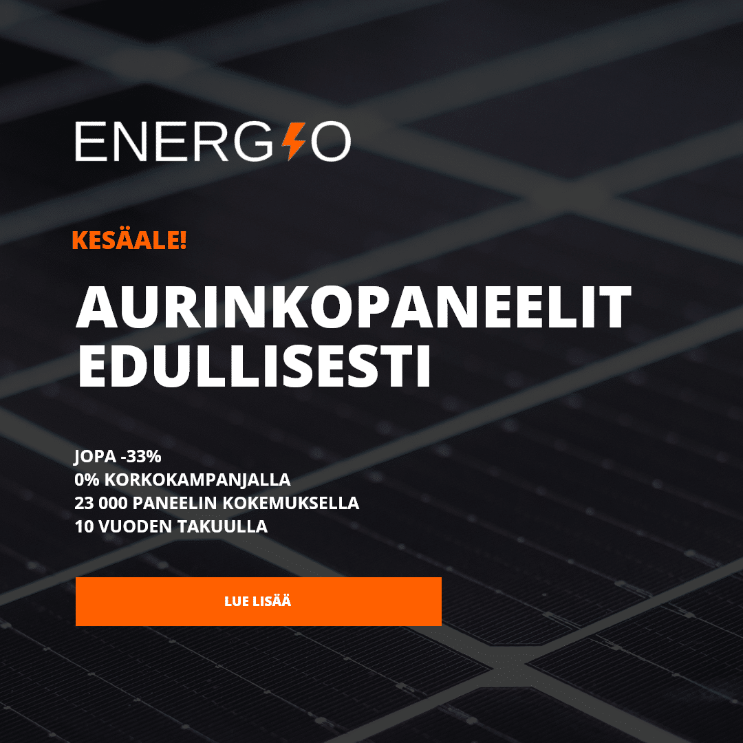 Energio's summer sale ad: “Aurinkopaneelit edullisesti” (solar panels at a good price), with solar panels behind