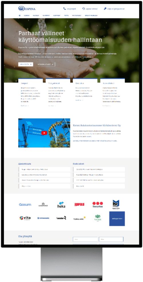 The front page of Espina's WordPress website on a vertical screen, with the headline “Parhaat välineet käyttöomaisuuden hallintaan” (the best tools for managing fixed assets)