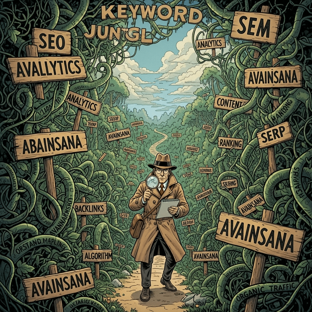 A drawn detective with a magnifying glass in a keyword jungle, with signs that say “avainsana” (keyword), SEO and SEM