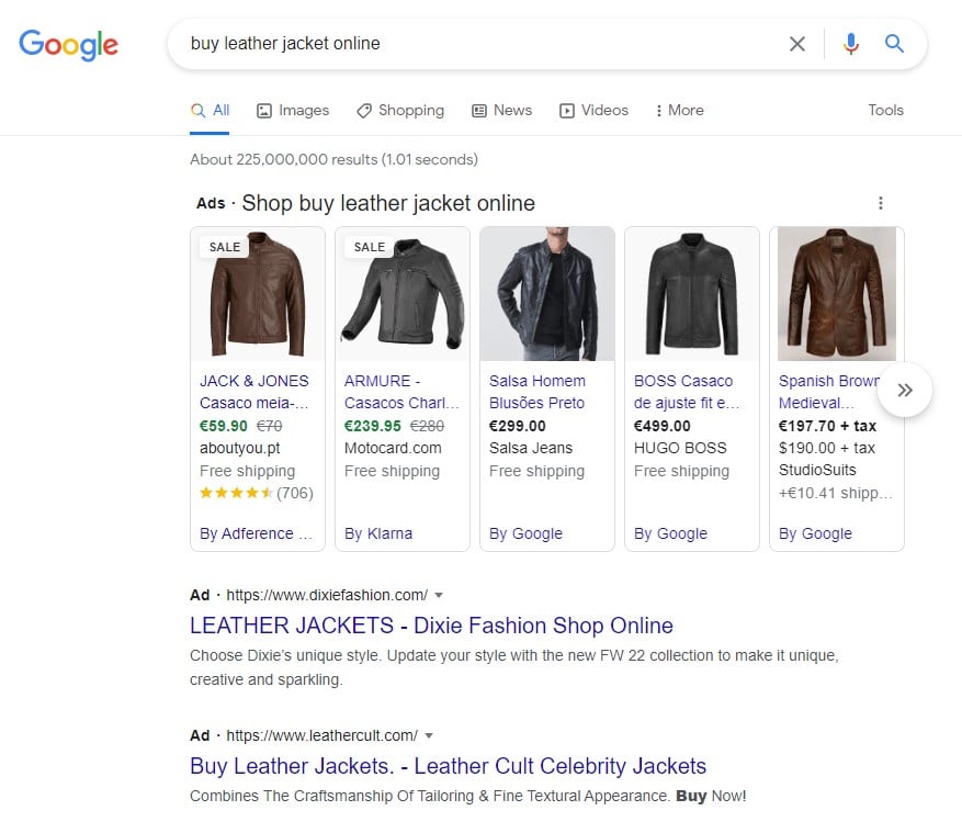 A Google search for “buy leather jacket online”: Shopping ads for leather jackets at the top and two text ads below them