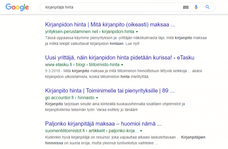 Google results for “kirjanpitäjä hinta” (accountant price): pages about the price of bookkeeping at the top