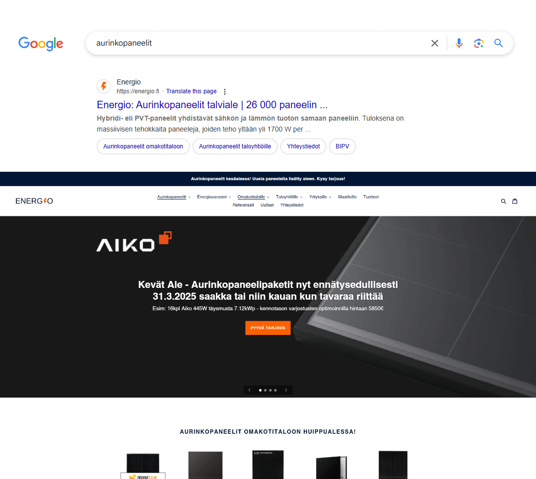 Energio first on Google for “aurinkopaneelit” (solar panels), with Energio's front page below