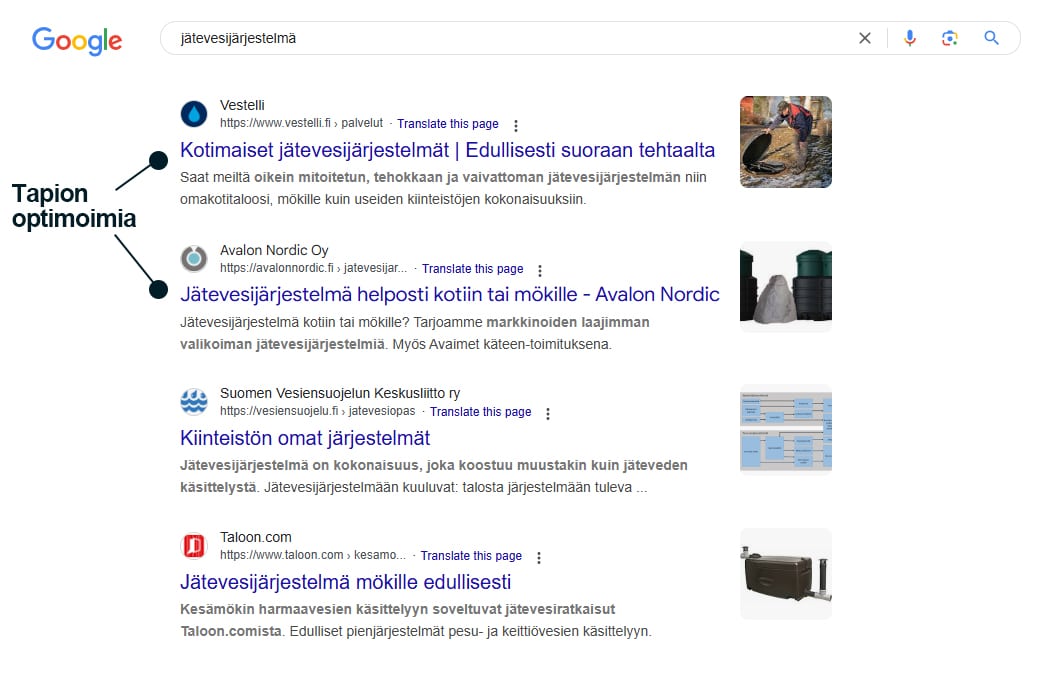 Google results for “jätevesijärjestelmä” (wastewater system): Vestelli and Avalon Nordic, both optimized by Tapio, in the first two places