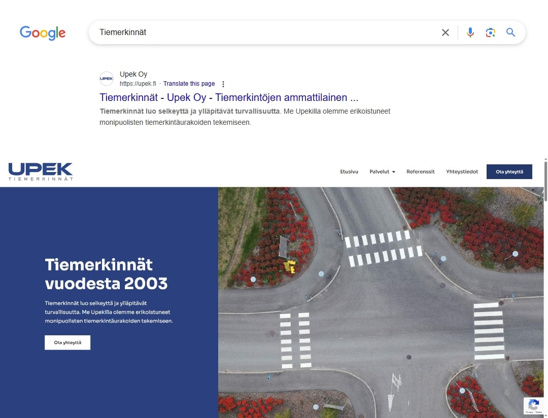 Upek Oy first on Google for “tiemerkinnät” (road markings), with Upek's front page below, headed “Tiemerkinnät vuodesta 2003” (road markings since 2003)